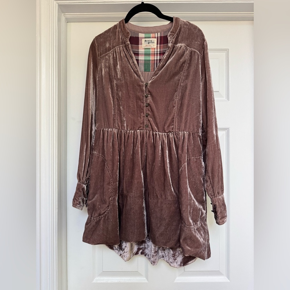 Anthropologie Holding Horses Velvet Shirt Dress in Mauve Size XS